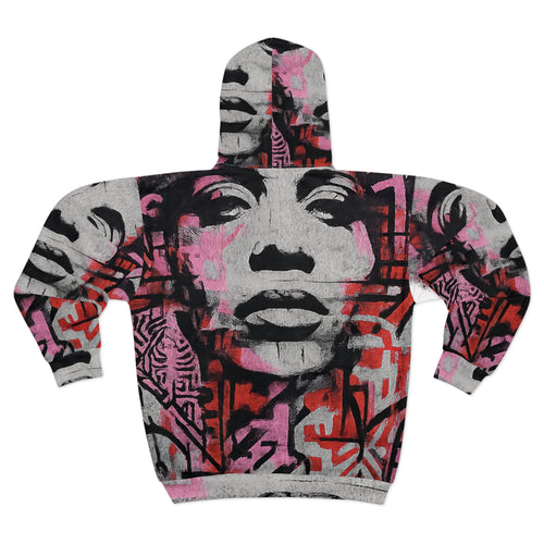 Graffiti Pop Art Zip Hoodie — Urban Stenciled Face All-Over Print