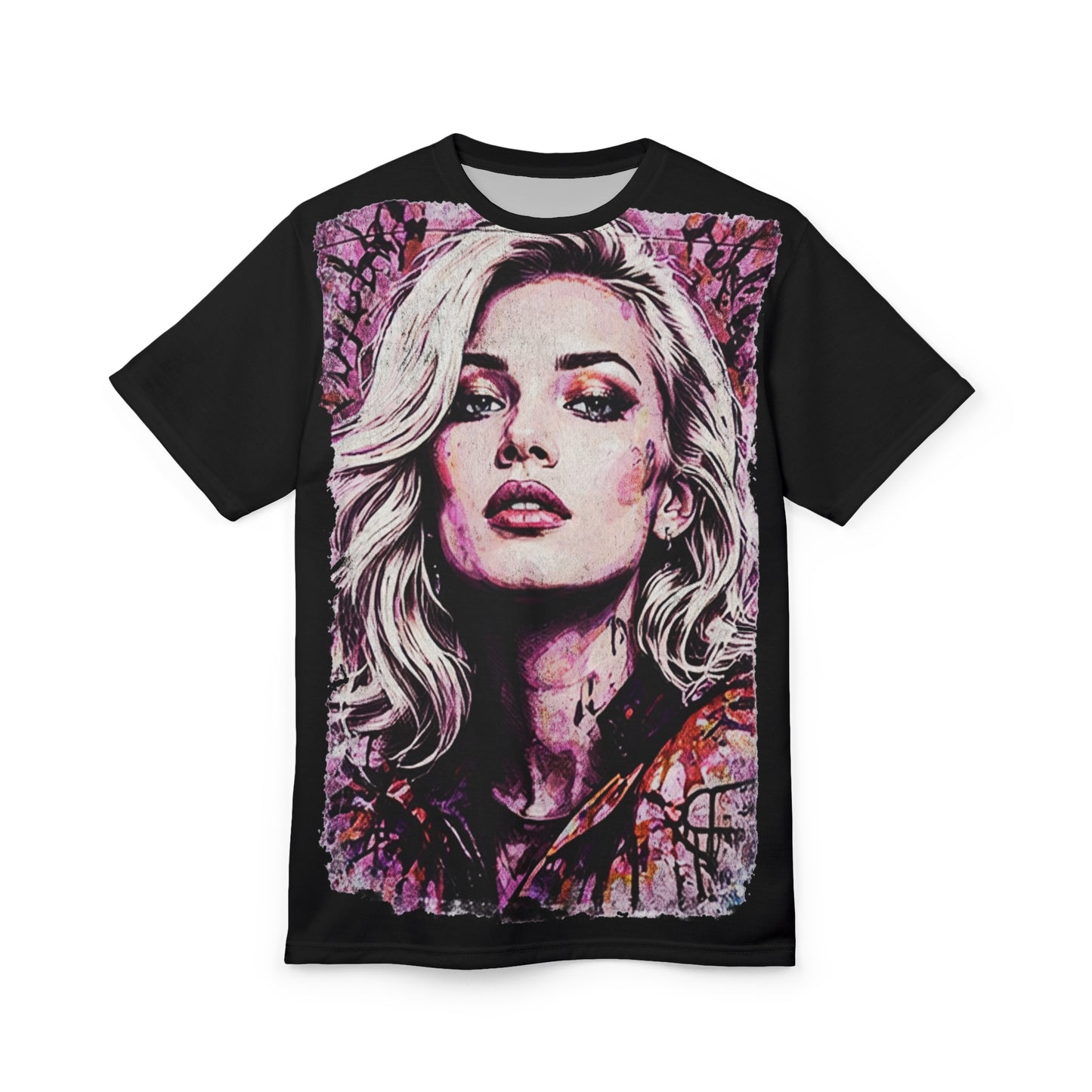 Portrait Art Graphic Tee — Bold Pink Watercolor Woman AOP