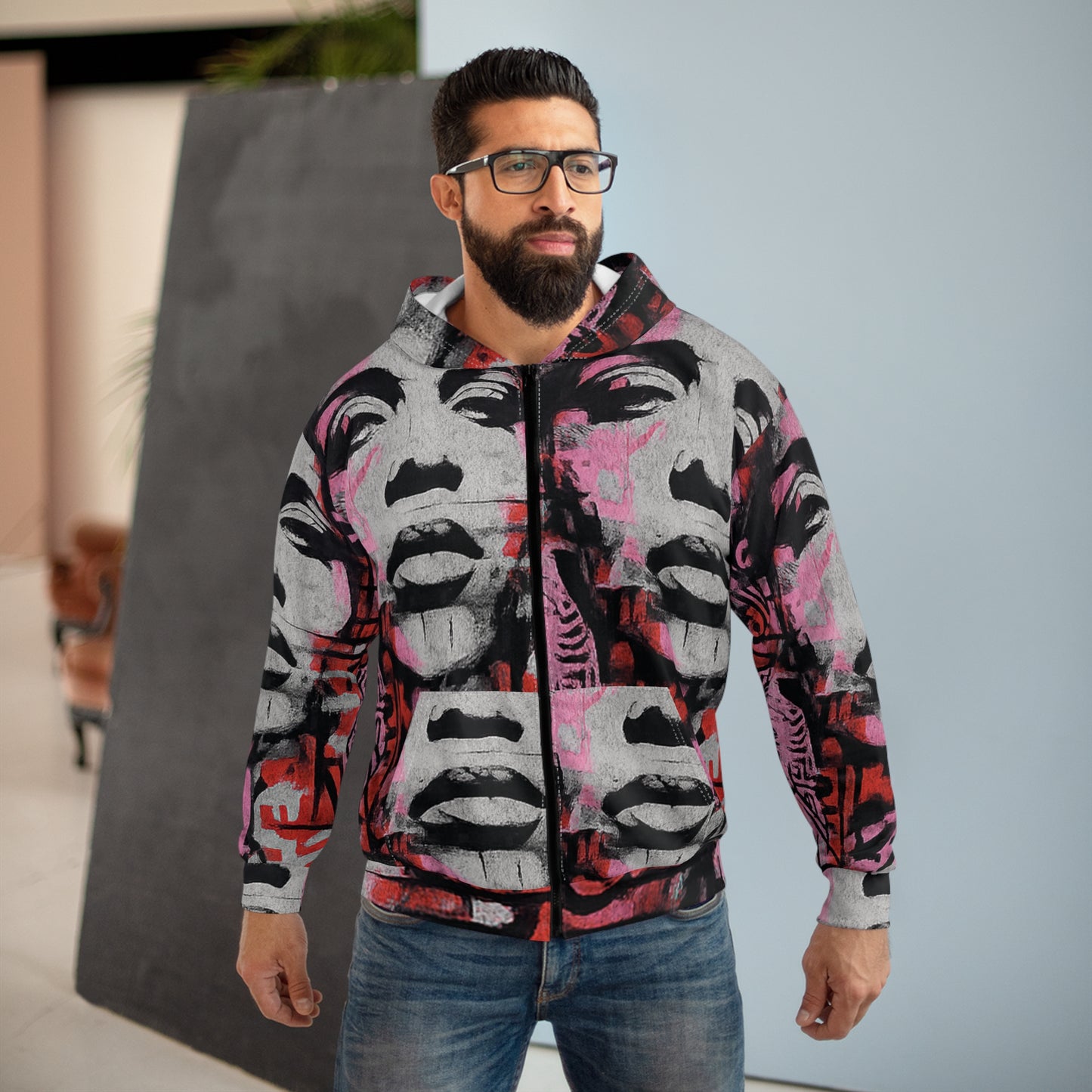 Graffiti Pop Art Zip Hoodie — Urban Stenciled Face All-Over Print