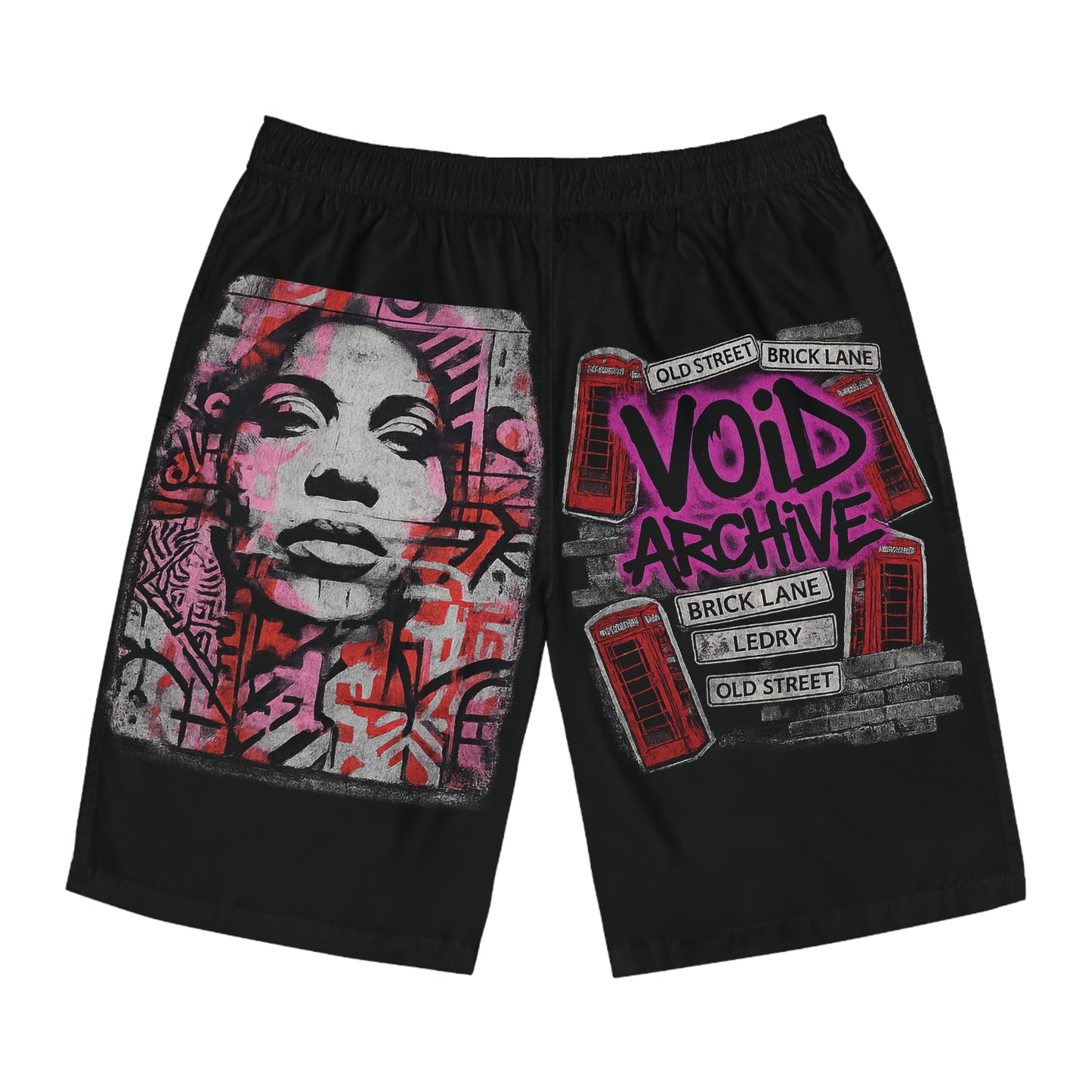 Void Archive Graffiti Board Shorts — Urban Street Art Swim Trunks