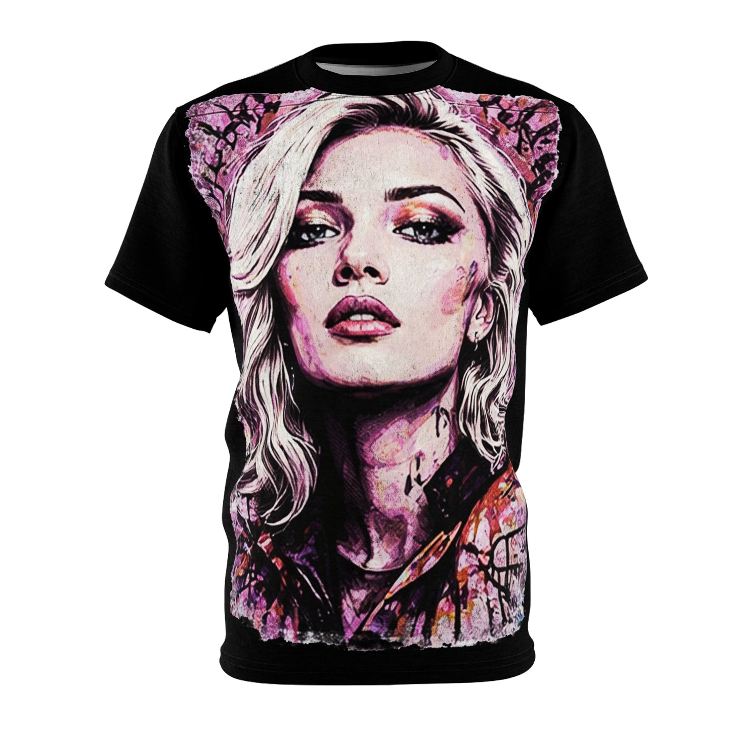 Portrait Art Graphic Tee — Bold Pink Watercolor Woman AOP