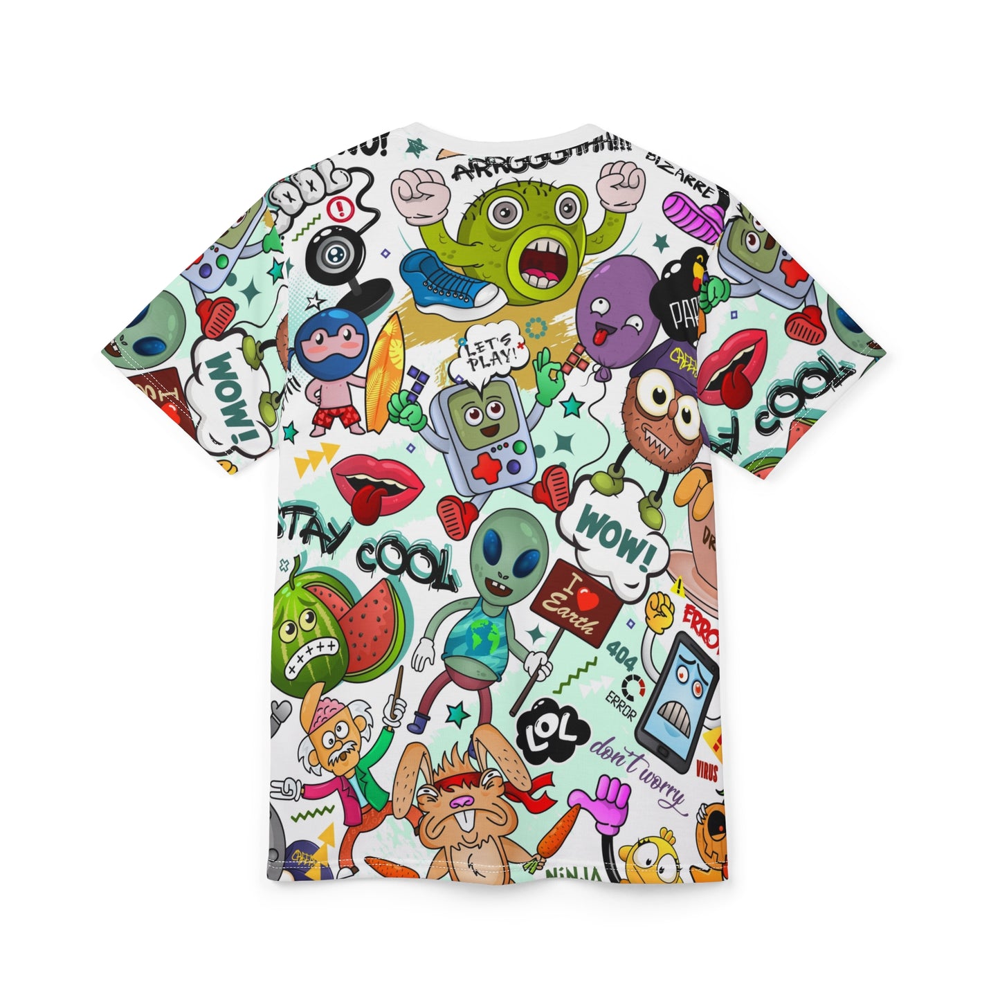 All-Over Cartoon Doodle Tee — Colorful Sticker Mashup Graphic Shirt