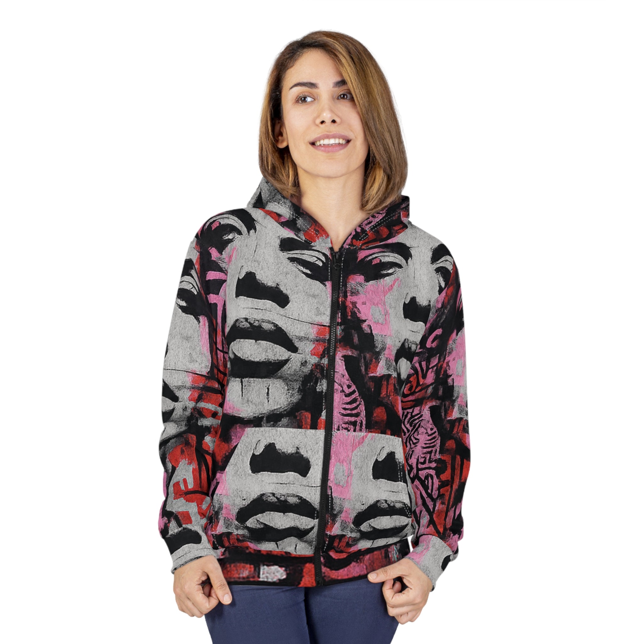 Graffiti Pop Art Zip Hoodie — Urban Stenciled Face All-Over Print