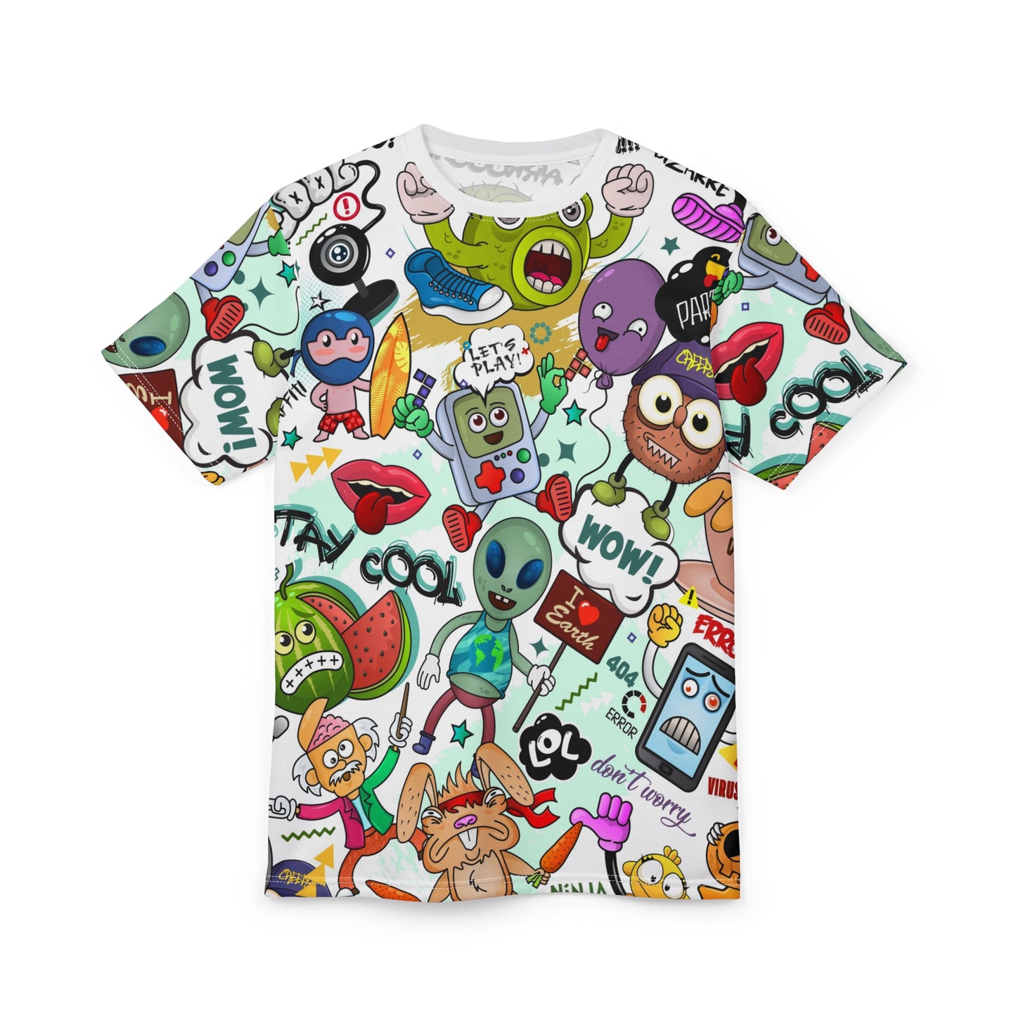 All-Over Cartoon Doodle Tee — Colorful Sticker Mashup Graphic Shirt