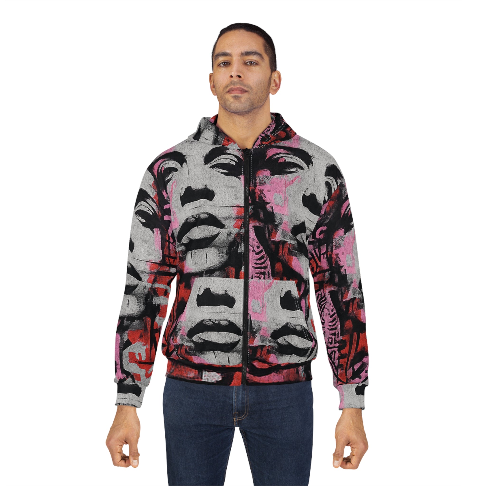 Graffiti Pop Art Zip Hoodie — Urban Stenciled Face All-Over Print