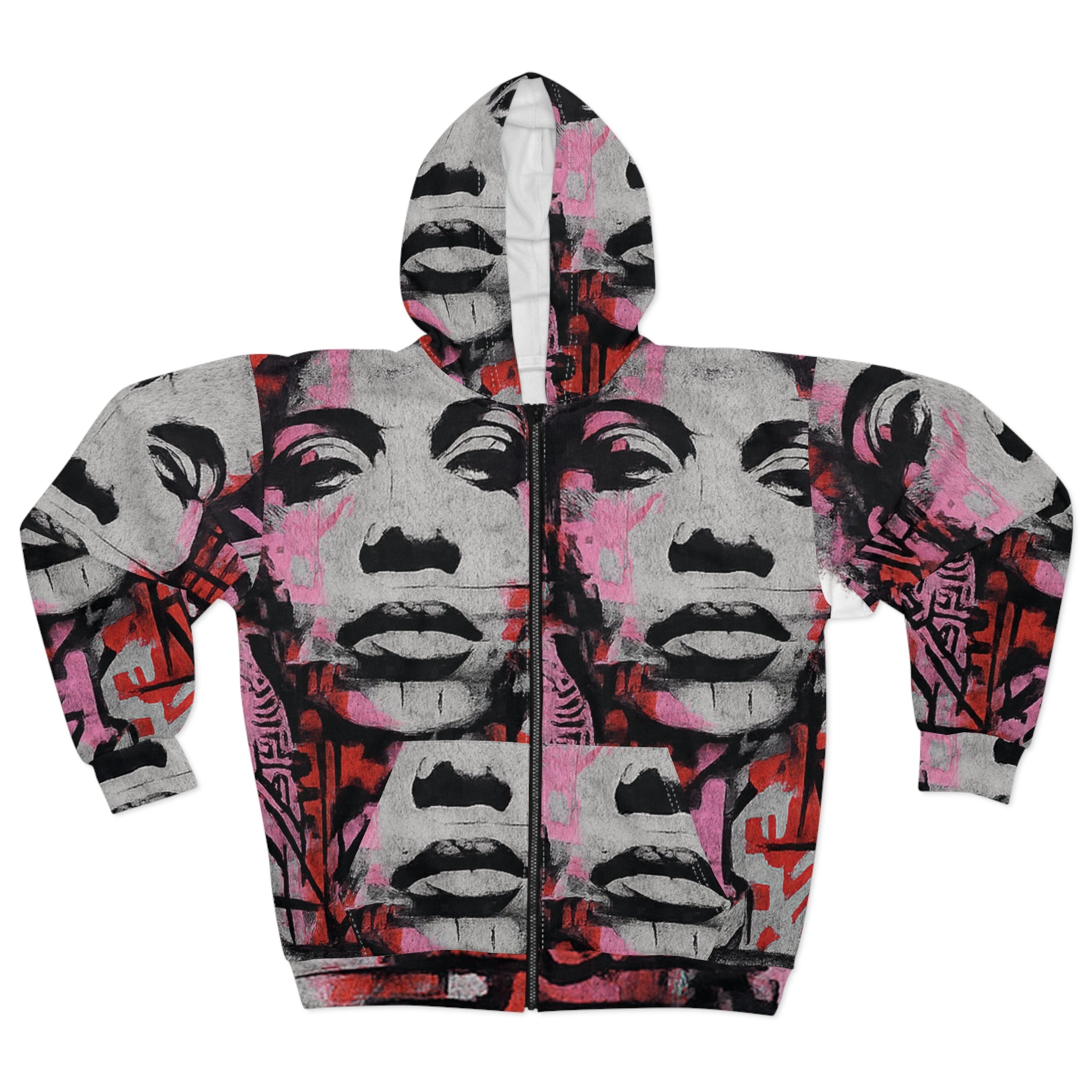 Graffiti Pop Art Zip Hoodie — Urban Stenciled Face All-Over Print