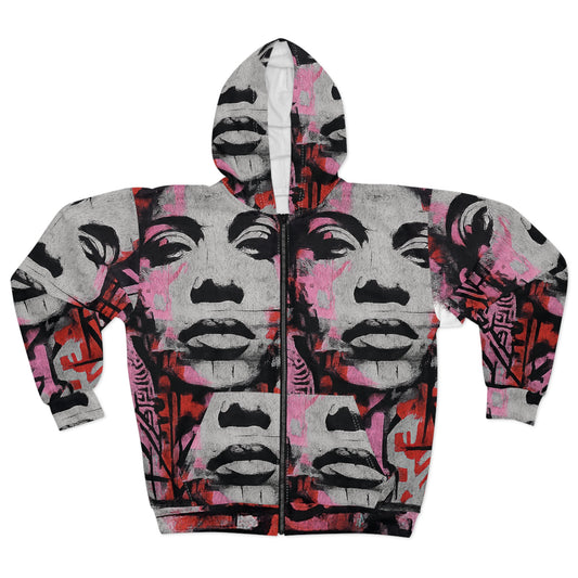 Graffiti Pop Art Zip Hoodie — Urban Stenciled Face All-Over Print