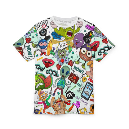 All-Over Cartoon Doodle Tee — Colorful Sticker Mashup Graphic Shirt