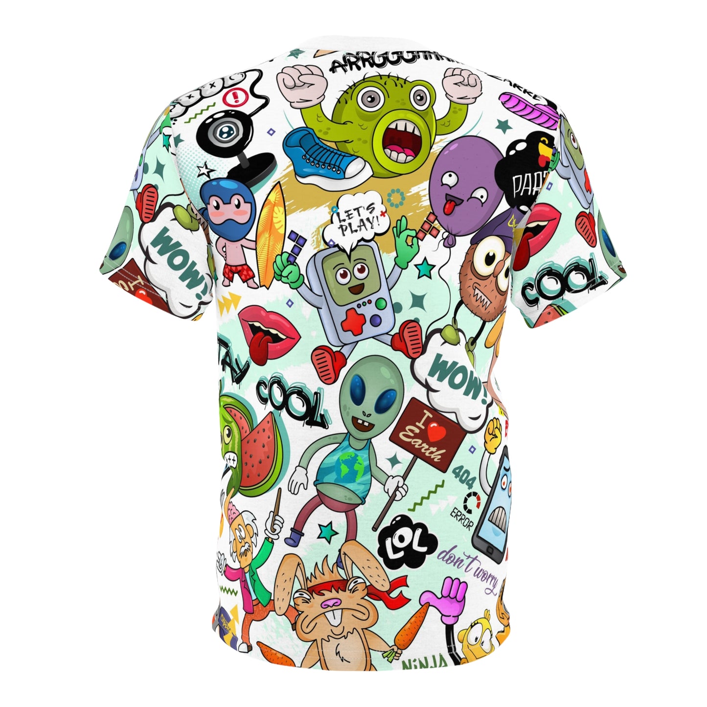 All-Over Cartoon Doodle Tee — Colorful Sticker Mashup Graphic Shirt