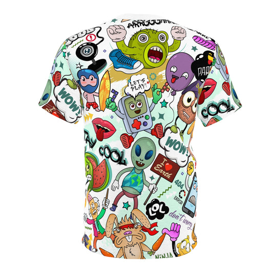 All-Over Cartoon Doodle Tee — Colorful Sticker Mashup Graphic Shirt